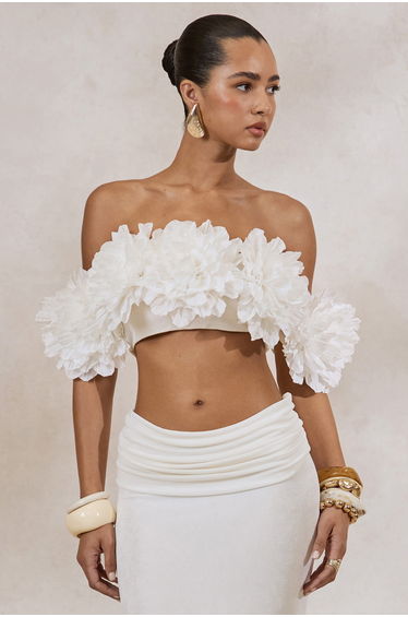Arwenne | White Bardot-Neck Maternity Crop-Top With Corsage Detailing