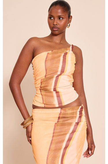 Yellow Abstract Print Mesh Asymmetric Long Top