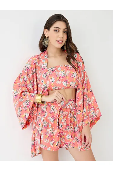 Peach Floral Print Crop Top, Shorts and Shrug Co-Ords