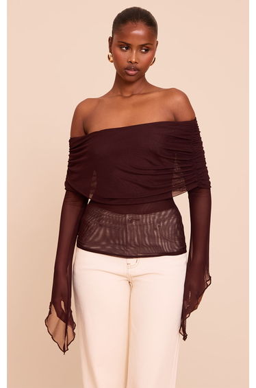 Deep Chocolate Mesh Fold Over Extreme Sleeve Detail Top