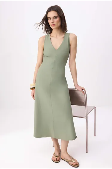 Khaki Straight Waist Cut Out Detailed Midi Woven Dress