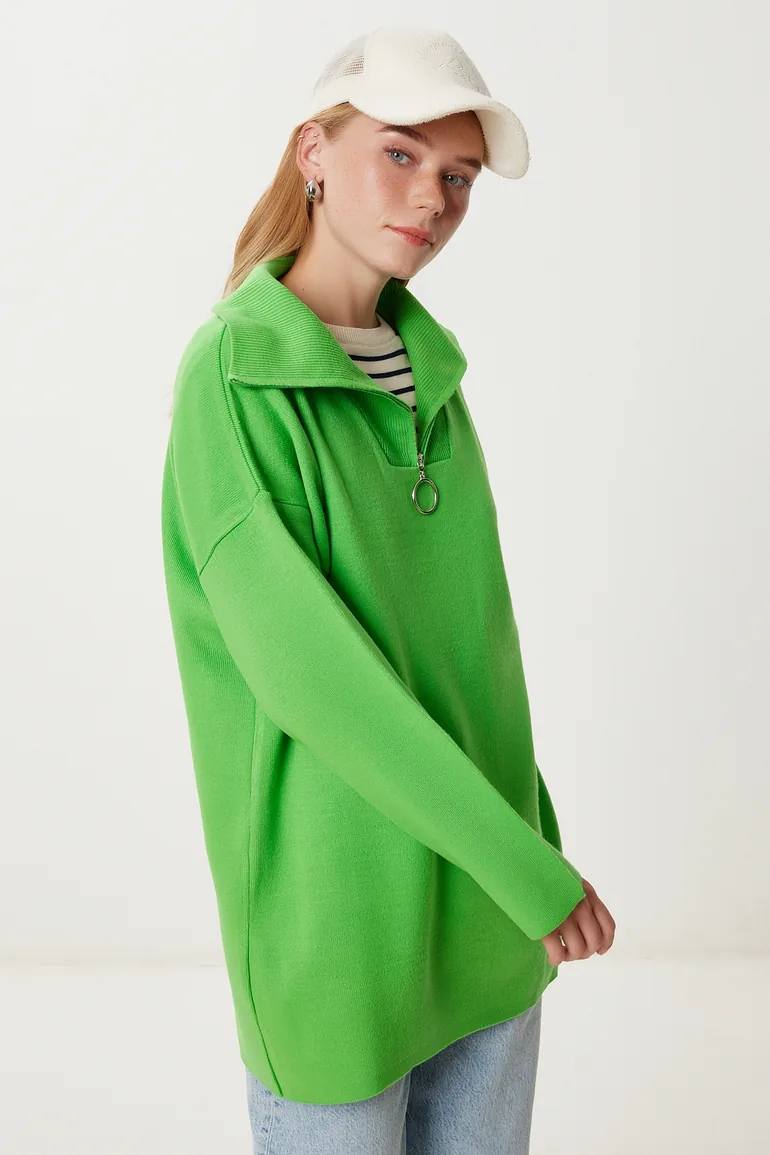 Women's Pistachio Green Zippered Oversize Knitwear Sweater - 1