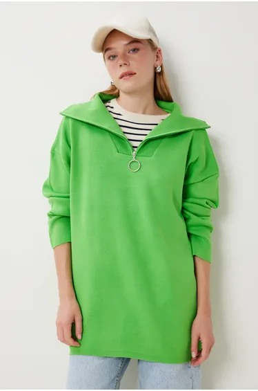 Women's Pistachio Green Zippered Oversize Knitwear Sweater