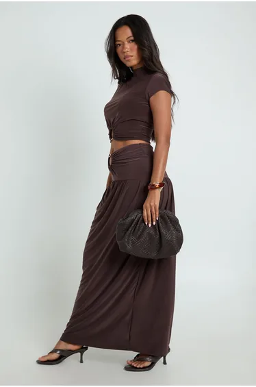 Double Layer Slinky Ruched Maxi Skirt with Ring Trim - chocolate