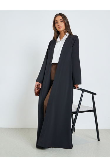 Black Solid Front Open Abaya
