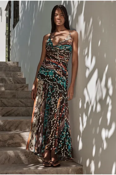 Foil Detail Linear Animal Bias Cut Midi Dress