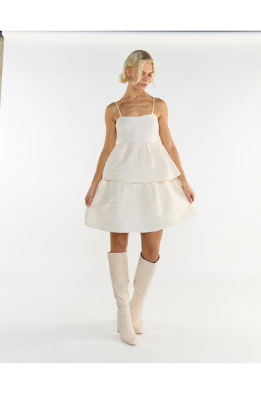 Sleeveless Mini Dress in Cream 3D Brocade