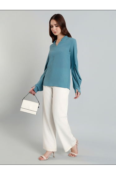 Solid Balloon Sleeve Mandarin Collar Blouse