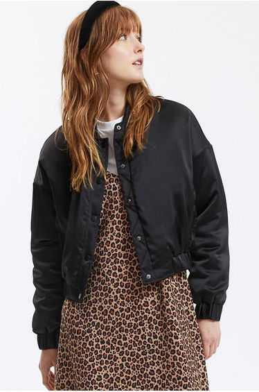 Cropped Bomber Jacket in Quilted Satin
