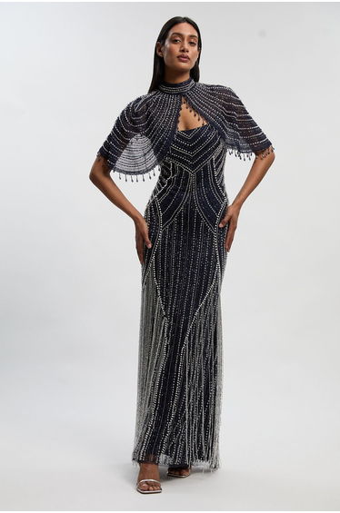Crystal Embellished Woven Maxi Dress With Removeable Cape