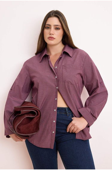 Burgundy-Multicolor Plaid/Checkered Wide Cuff Oversized Shirt