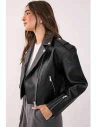Essentials Cropped Faux Leather Boxy Biker - 2