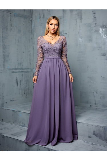 Leely Women's Elegant V Neck Long Sleeve A-Line Dress