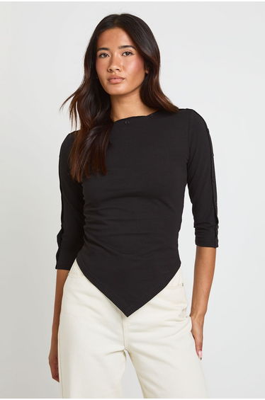 Heavy Cotton Button Detail 3/4 Sleeve Top - black