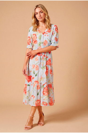 Button Down Drawstring Waist Printed Midi Dresss
