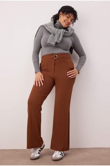 Brown high waist flare knitted plus size pants with belt detail