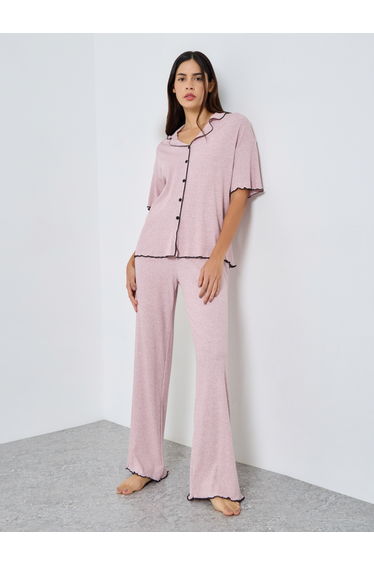 Supersoft Ribbed Lettuce Hem Shirt and Pyjama Set