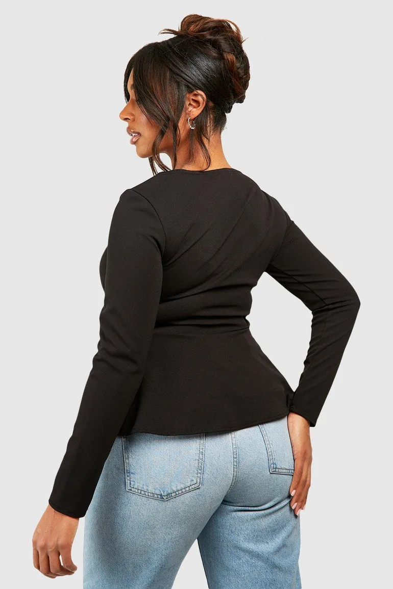 Plus Ruched Corset Detail Long Sleeve Peplum Hem - 1
