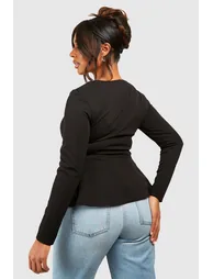 Plus Ruched Corset Detail Long Sleeve Peplum Hem - 1