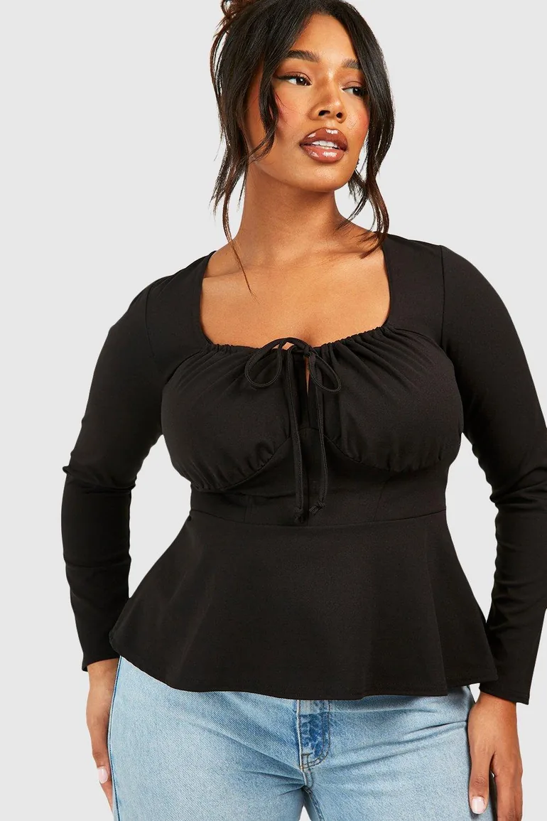 Plus Ruched Corset Detail Long Sleeve Peplum Hem - 3
