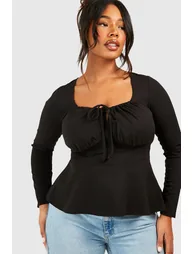 Plus Ruched Corset Detail Long Sleeve Peplum Hem - 3