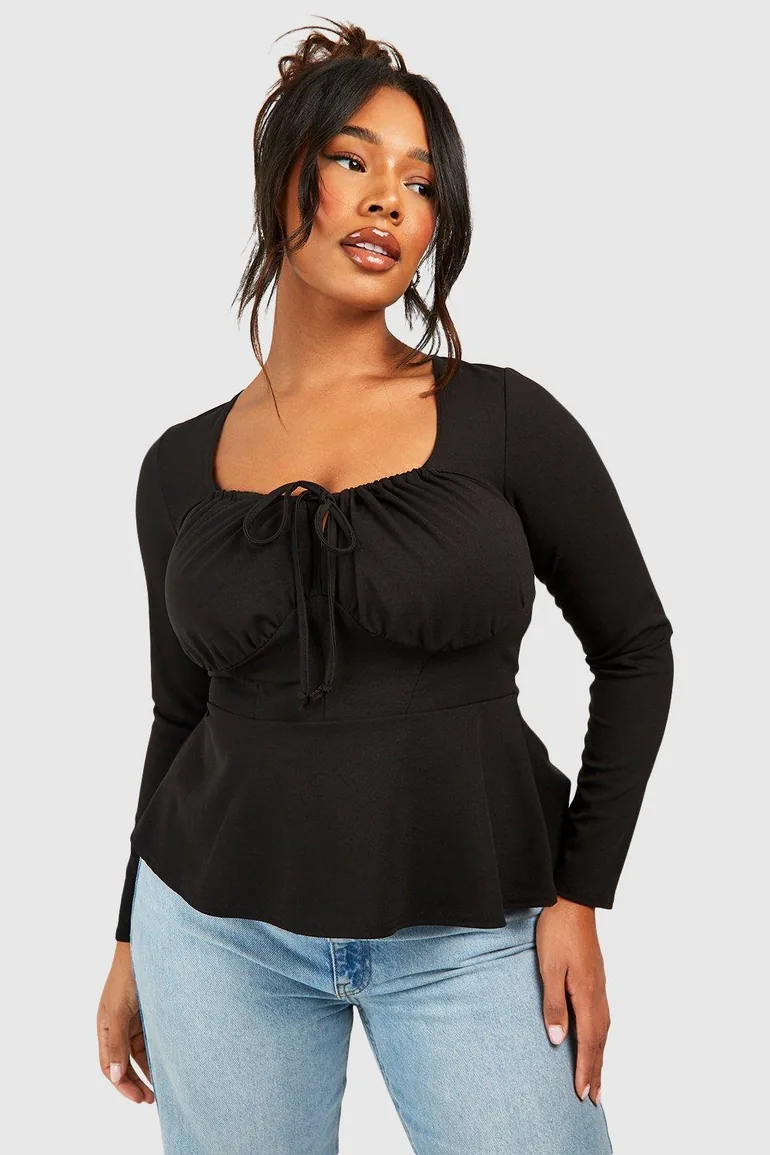 Plus Ruched Corset Detail Long Sleeve Peplum Hem