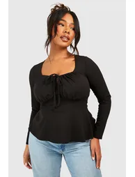Plus Ruched Corset Detail Long Sleeve Peplum Hem