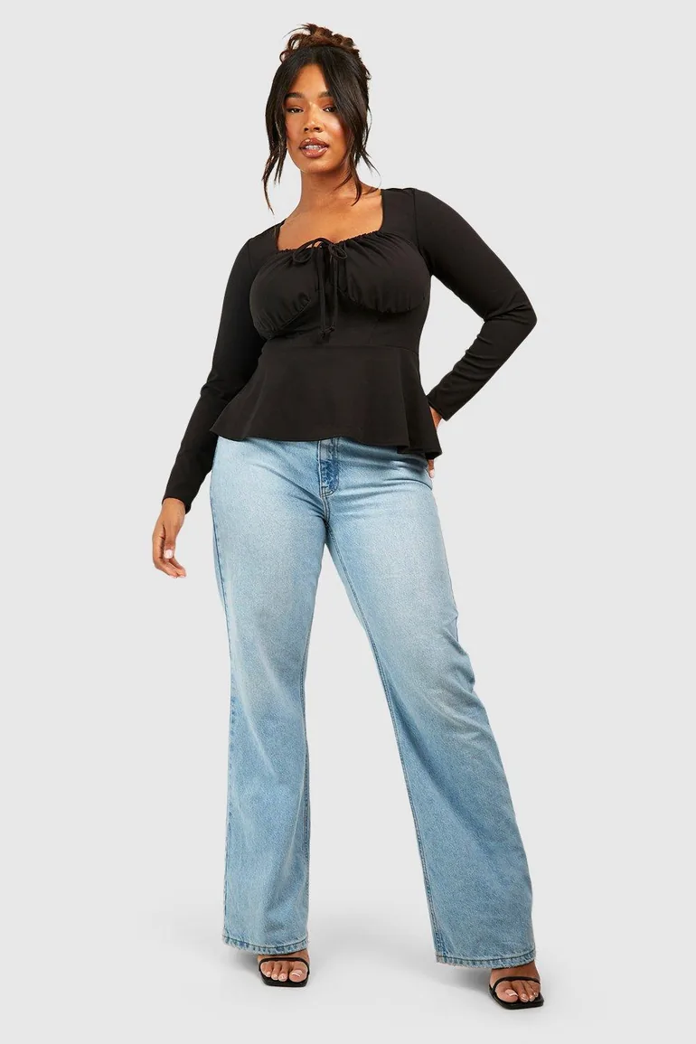 Plus Ruched Corset Detail Long Sleeve Peplum Hem - 2