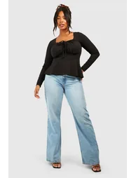 Plus Ruched Corset Detail Long Sleeve Peplum Hem - 2