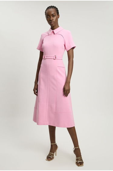 Compact Stretch Tab Detail Full Skirted Midi Dress