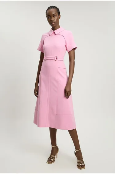 Compact Stretch Tab Detail Full Skirted Midi Dress