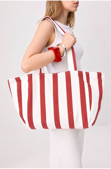 Red-White Striped Denim Women's Maxi Shoulder Bag