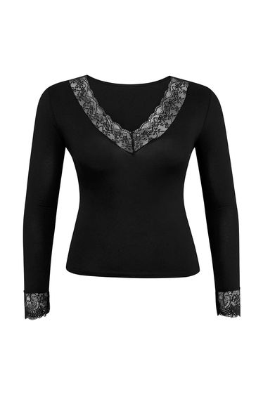 Black Collar and Cuff Lace Ultra Lightweight Sheer Knitted Large Size Blouse