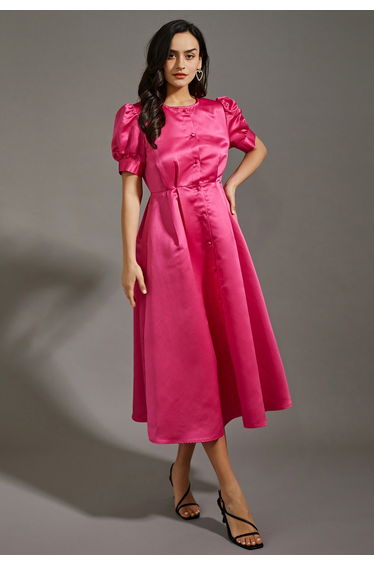 Glossy Satin Button Down Midi Dress in Hot Pink