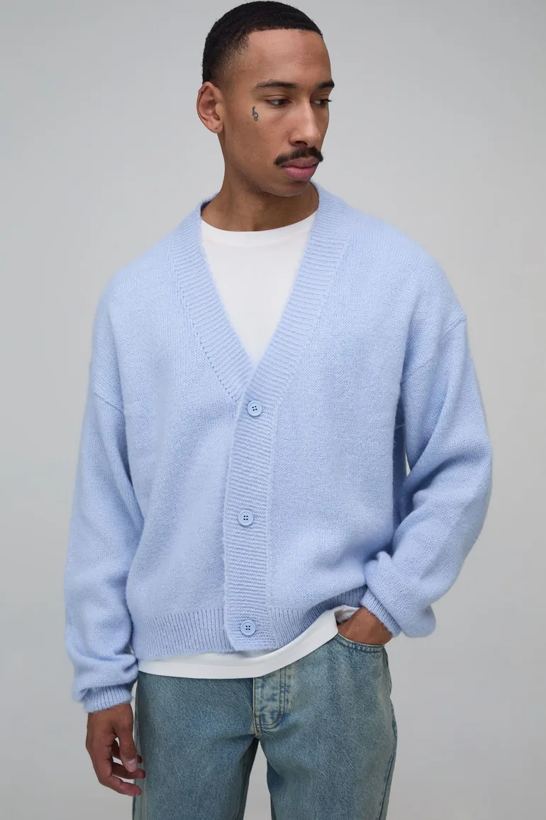 Relaxed Boxy Brushed Knitted Cardigan - blue