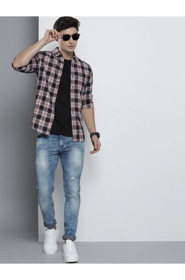 Men Navy Blue Checkered Shirt