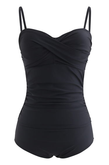 Ruched Design Solid Black One-Piece Swimsuit