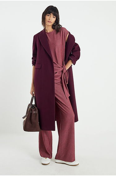 Red Pinstripe Drawstring Wide Leg Trousers