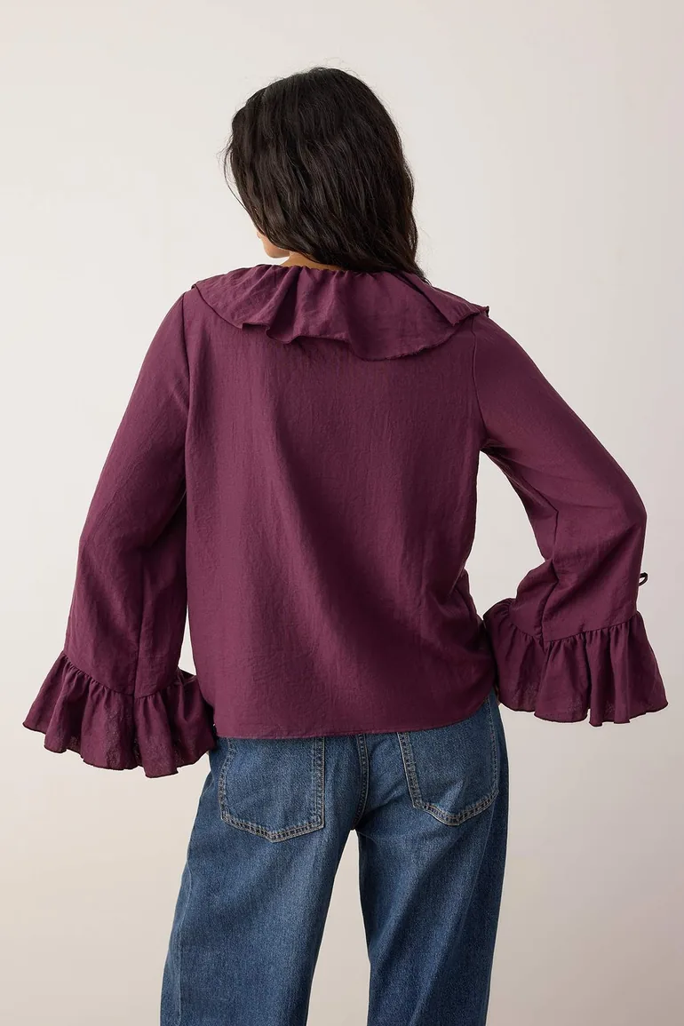Dark burgundy ruffle detailed woven blouse - 3