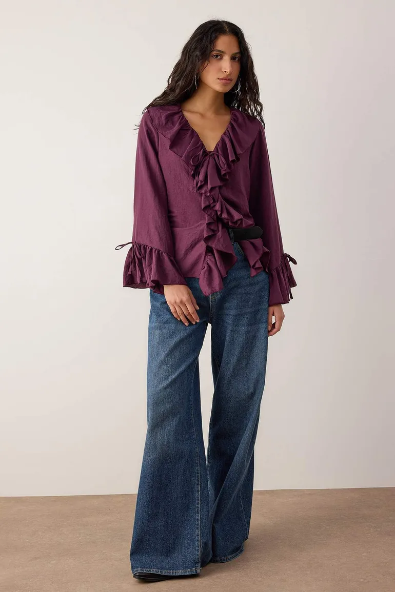 Dark burgundy ruffle detailed woven blouse