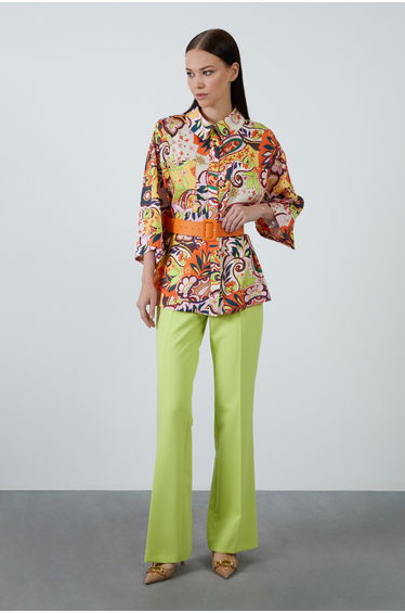 three-quarter sleeves Waist Belt Patterned Orange shirt
