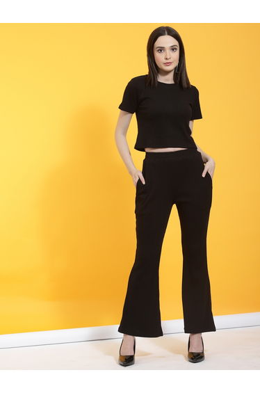 Women Textured Crop Top and Bell Bottoms Pants Co-Ords