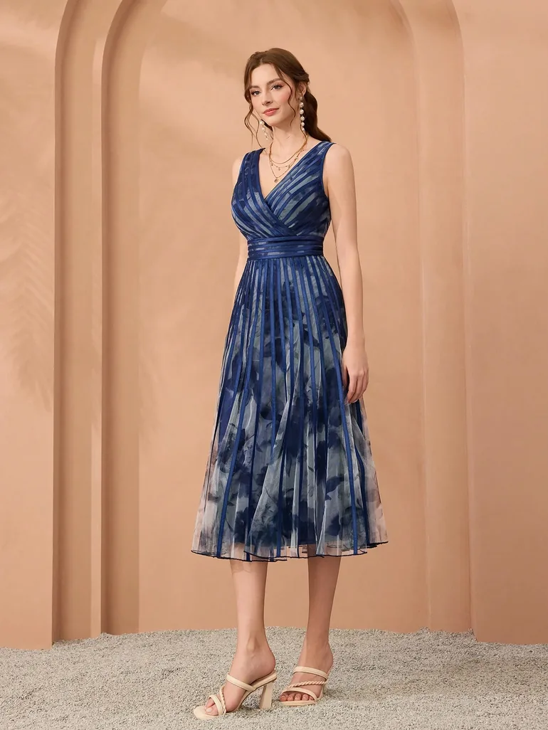 Leely Women's Elegant V Neck A-Line Midi Dress - 3