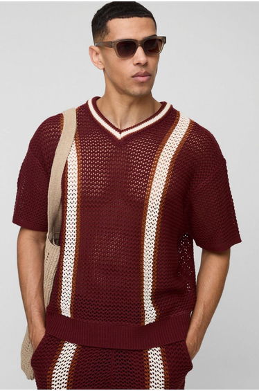 Boxy Fit Open Stitch V Neck Striped Knitted T-Shirt - burgundy