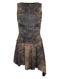 Dark Brown Snake Printed Slinky Ruched Detail Asymmetric Mini Dress - 4