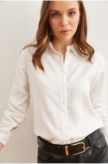 Women's White Shiny Textured Woven Shirt