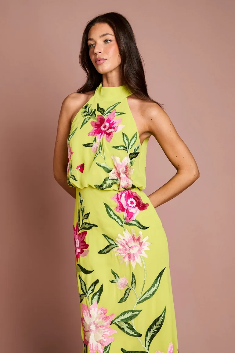 High Neck Dress With Floral Embroidery - 1