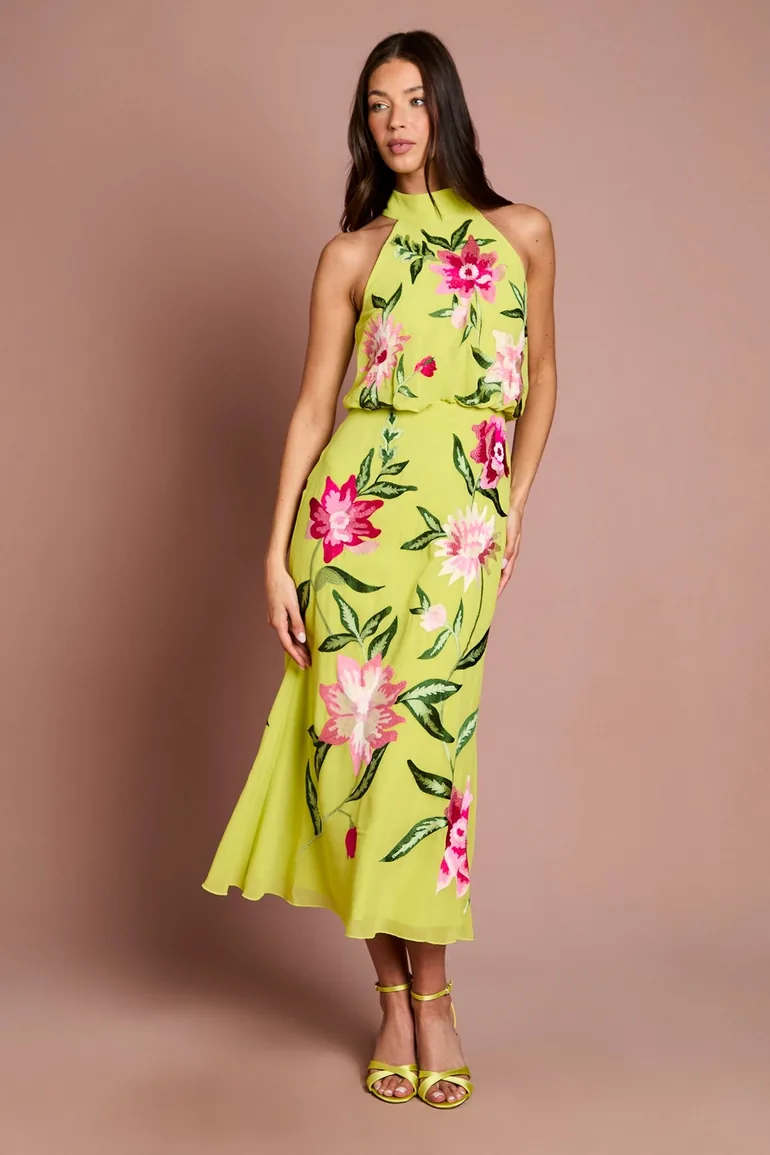 High Neck Dress With Floral Embroidery