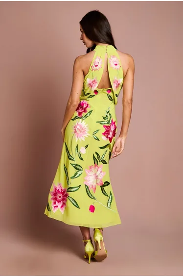 فستان كوست فاشن شيفون أصفر ميداكسي بقصة مستقيمة بطبعة أزهار