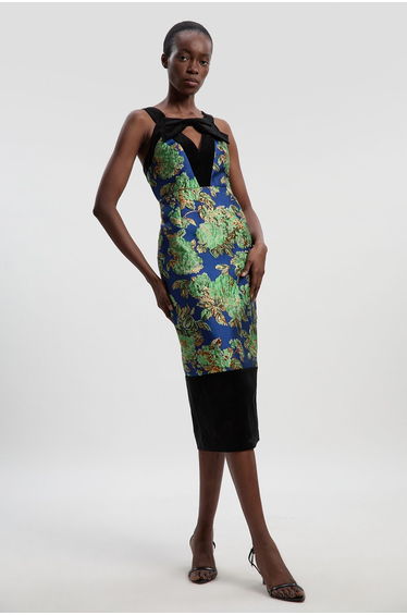 Velvet And Jacquard Contrast Strappy Tailored Midi Dress